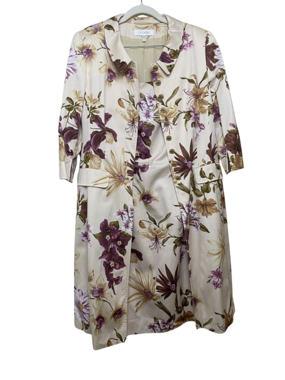Escada Floral Silk Blend Coat Dress Botanical Print Midi Size 38/40
